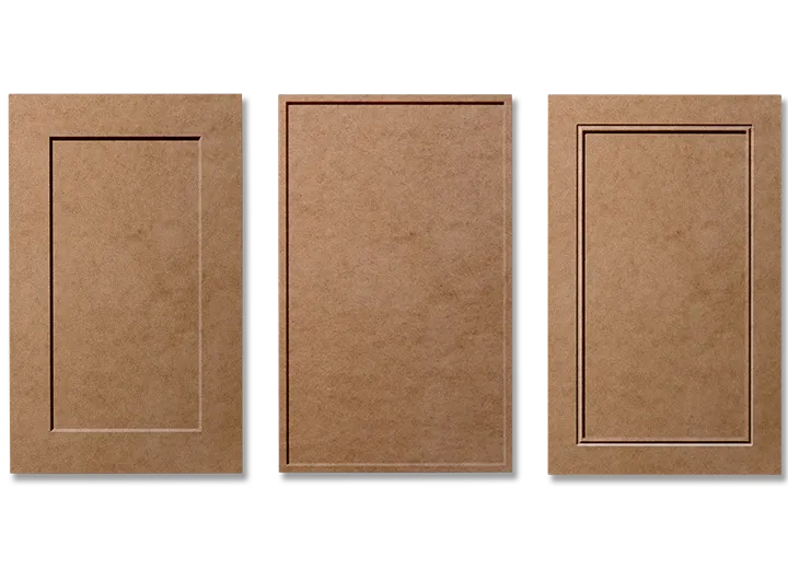 An image of three Raw MDF cabinet door in various shaker profiles. Ready for primer and paint.