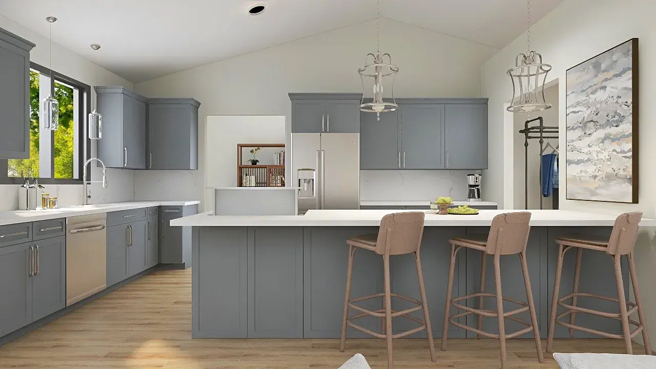 A large kitchen with grey shaker cabinetry, bar stools at an island, a sink in front of black trimmed window, and stainless steel appliances.