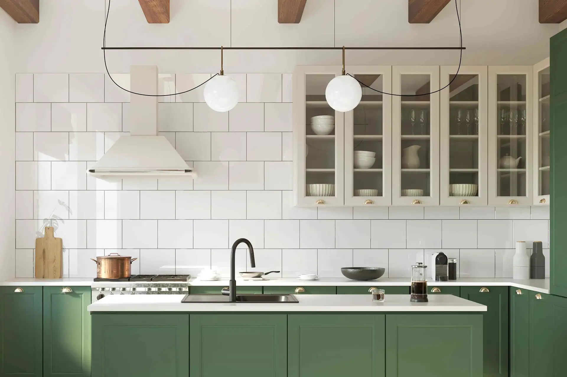 An image of an IKEA kitchen with green base cabinets, white tile backsplash, white glass doored upper cabints, and wooden beams on the ceiling.
