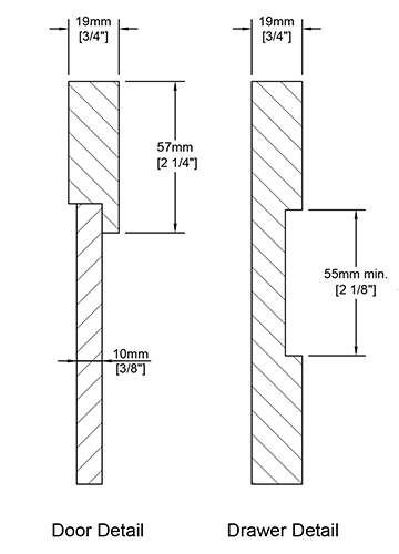 A cross-section of the Slim Shaker cabinet door by Angela Rose showing the angle from the rails and stiles to the center panel, and profile width.