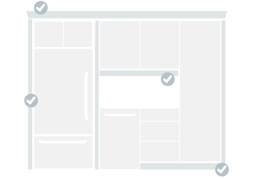 A sketch of a kitchen with checkmarks indicating measurement progress.