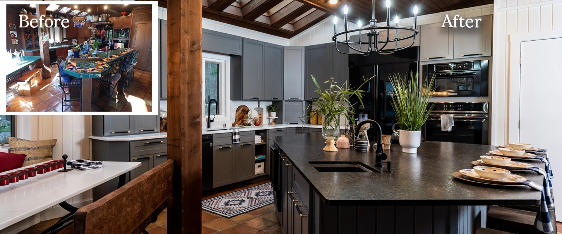 A photo of an IKEA kitchen with grey shaker cabinet doors, glass cabinet fronts around range hood, a plaster range hood, and white farmhouse sink.