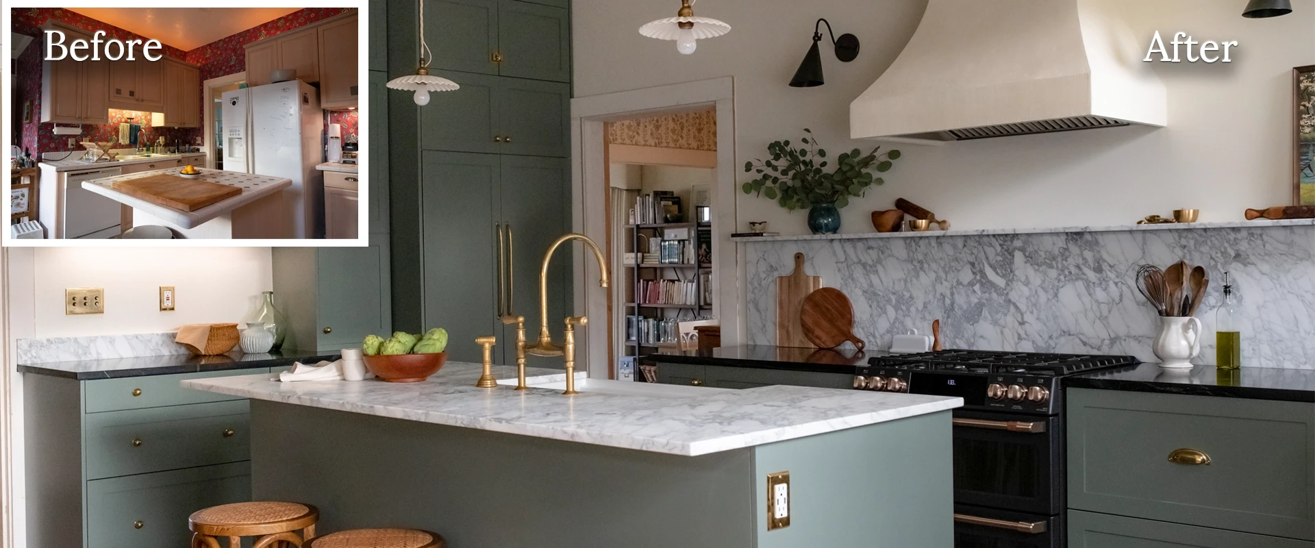 A photo of an IKEA kitchen with grey shaker cabinet doors, glass cabinet fronts around range hood, a plaster range hood, and white farmhouse sink.