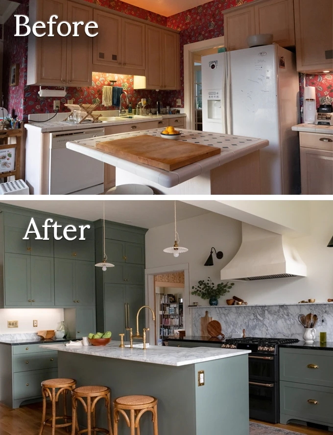 A photo of an IKEA kitchen with grey shaker cabinet doors, glass cabinet fronts around range hood, a plaster range hood, and white farmhouse sink.