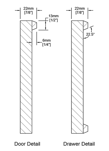 A cross-section of the Bevelled Skinny Shaker cabinet door showing the profile and depth of the applied 1/2" shaker molding.