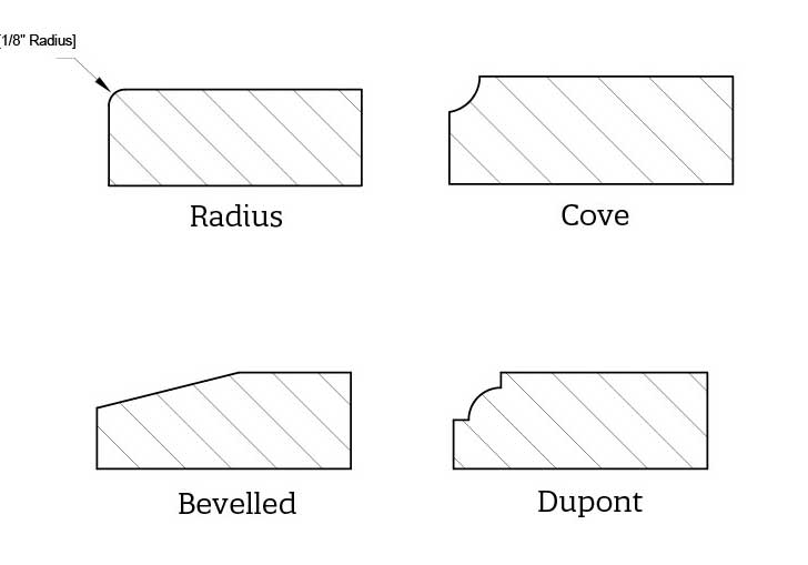 A schematic drawing of four decorative cabinet moldings from a cross section view.