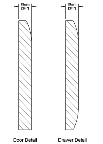 A cross-section of the Pillow cabinet door showing the door thickness and radius profile.