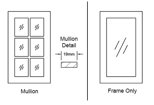 A schematic of the Pillow glass-ready door options including frame only and mullions.