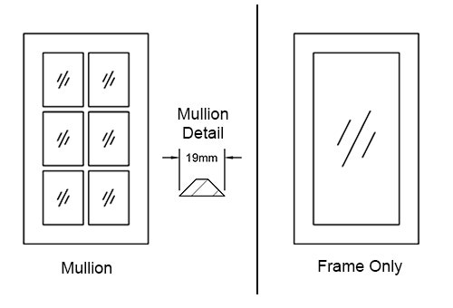 A schematic of the Super Shaker glass-ready door options including frame only and mullions.