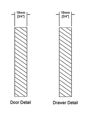 A cross-section of the Vertical Wood Grain cabinet door showing the door thickness and profile.