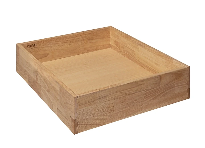 A photo of a wooden dovetail drawer box on an angle with imprinted logo showing.