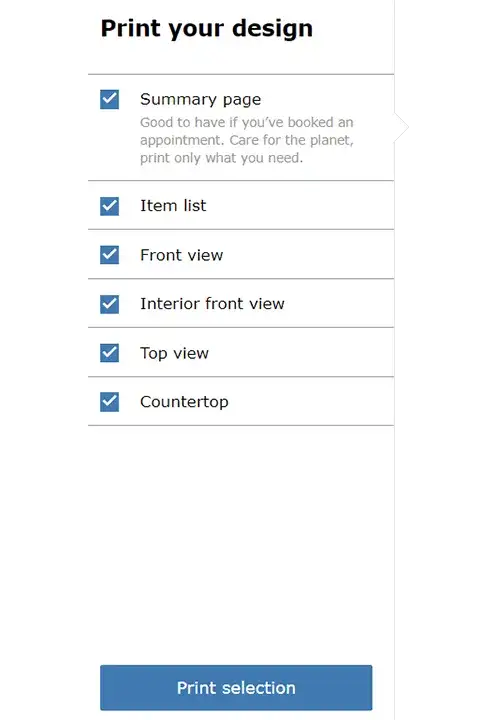 A screenshot of the IKEA kitchen planner showing all design views selected in the planner export.
