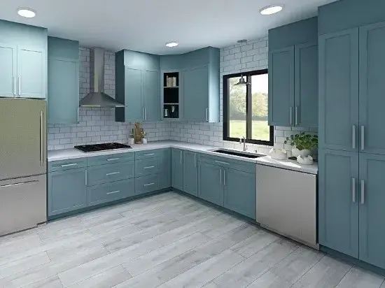 A rendering of a blue kitchen with shaker cabinet doors and stainless steel appliances. A kitchen sink is centered to the window.