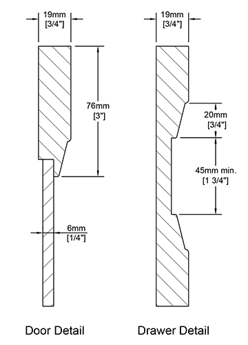 A cross-section view of the Framed cabinet door outlining door details, angles, bevel and profile width and depth.