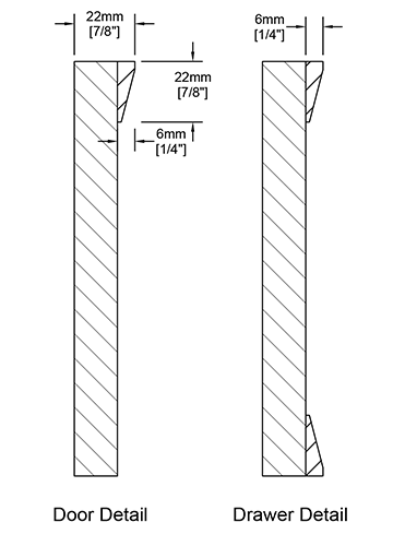 A cross-section of the Framed Skinny Shaker cabinet door showing the profile and depth of the applied 1/2" shaker molding.