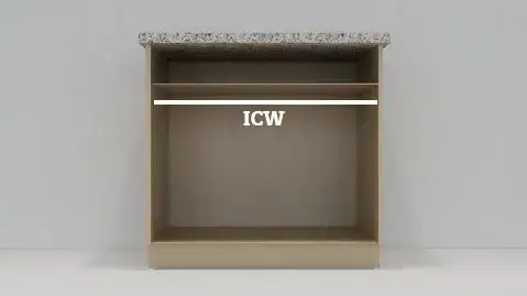 A photo of a computer generated image of a cabinet showing the measurement between the inside cabinet walls.