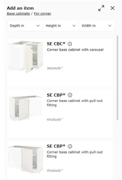 An image of the types of corner cabinets available in the IKEA kitchen planner.