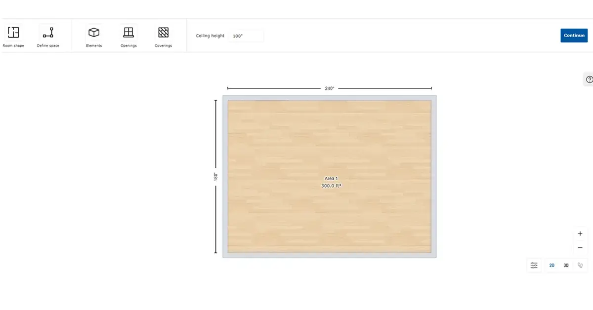 An image of the IKEA kitchen planner showing a blank floorplan and room dimensions.