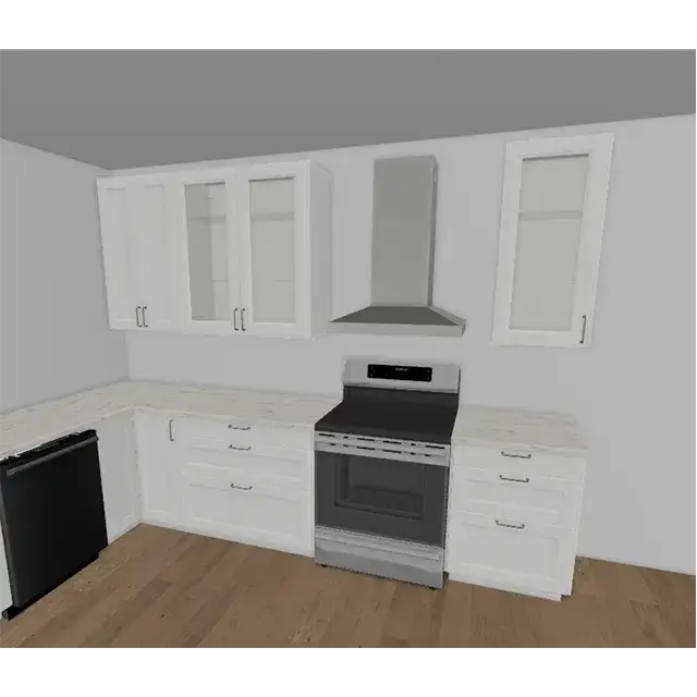An image of an IKEA kitchen design showing upper cabinets on either side of a slide in range.