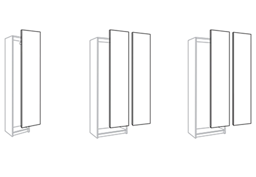 An illustration of three Pax wardrobes with the cabinet doors suspended to show variation in sizing.