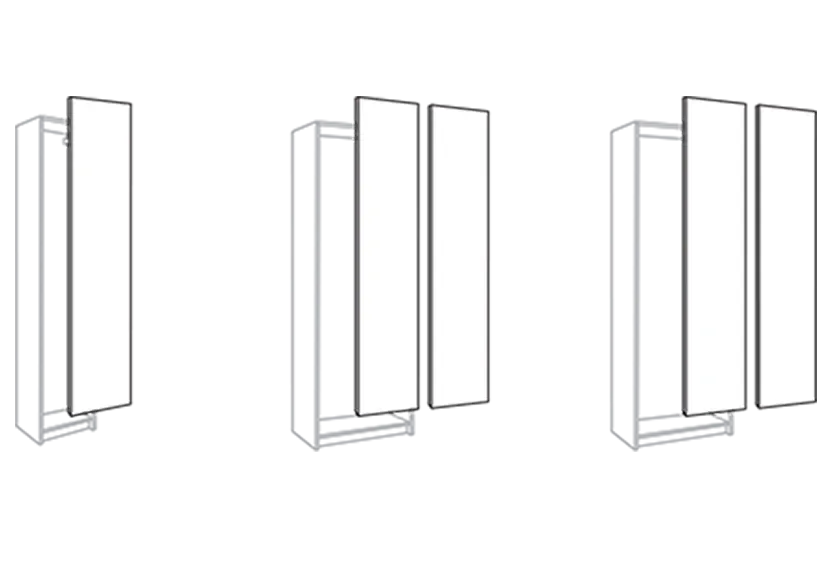 An illustration of three Pax wardrobes with the cabinet doors suspended to show variation in sizing.