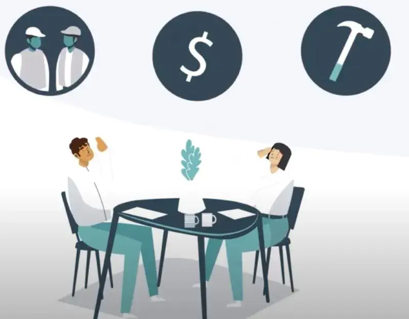 A cartoon image of a couple sitting at a kitchen table, worrying about time and cost of a kitchen remodel.