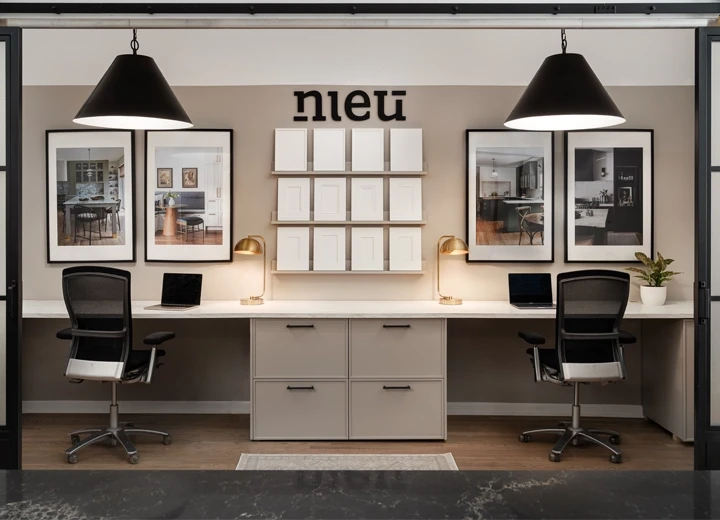 A Nieu Cabinet Doors Logo with sample doors below it, office chairs, and framed kitchen photos.