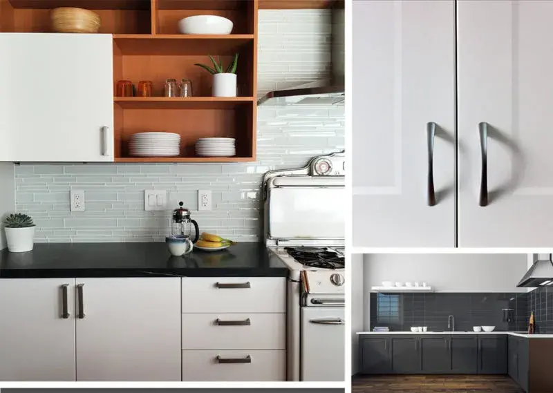 A collage of contemporary kitchen images in updated door styles and colors.