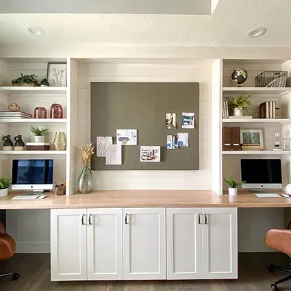 An image of shallow shaker cabinet doors painted in Sherwin Williams Porcelain in an IKEA office built in.
