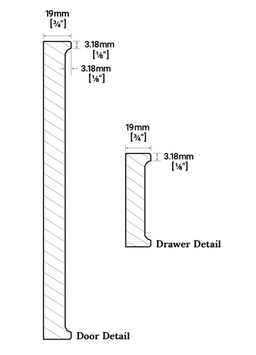 A cross-section of the Shaker cabinet door showing the angle from the rails and stiles to the center panel, and profile width.
