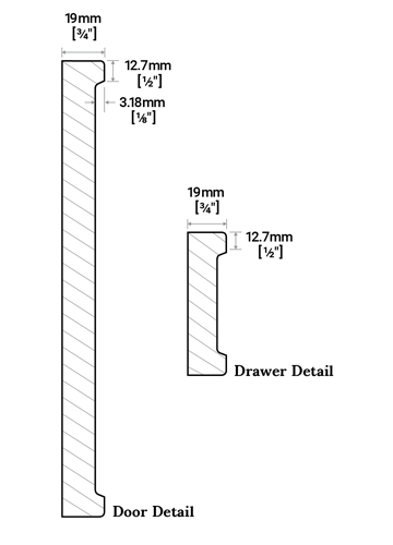 A cross-section of the Shaker cabinet door showing the angle from the rails and stiles to the center panel, and profile width.