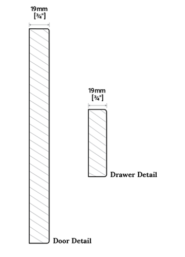 A cross-section of the Shaker cabinet door showing the angle from the rails and stiles to the center panel, and profile width.
