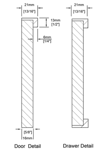 A cross-section of the Vertical Wood Grain cabinet door showing the door thickness and profile.