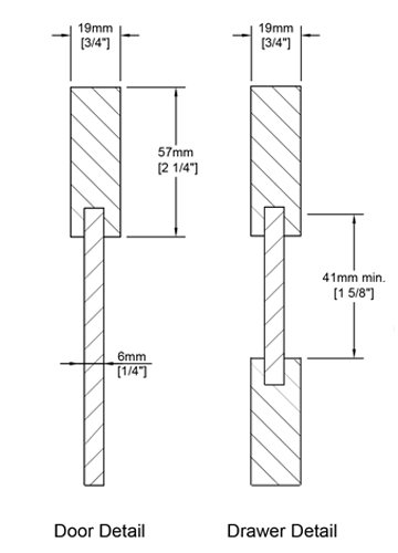 A cross-section of the Vertical Wood Grain cabinet door showing the door thickness and profile.